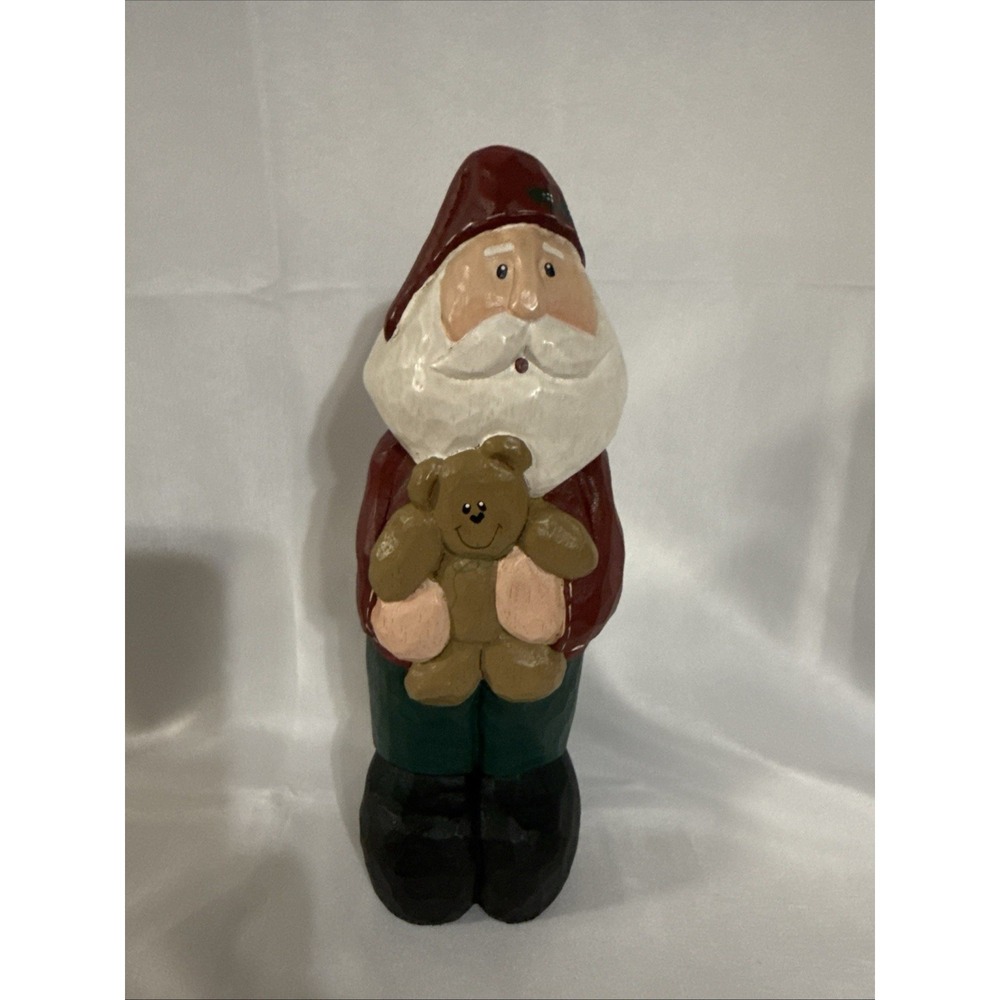 Vintage Eddie Walker Santa Figurine Wood Carved Teddy Bear 7" Christmas Decor